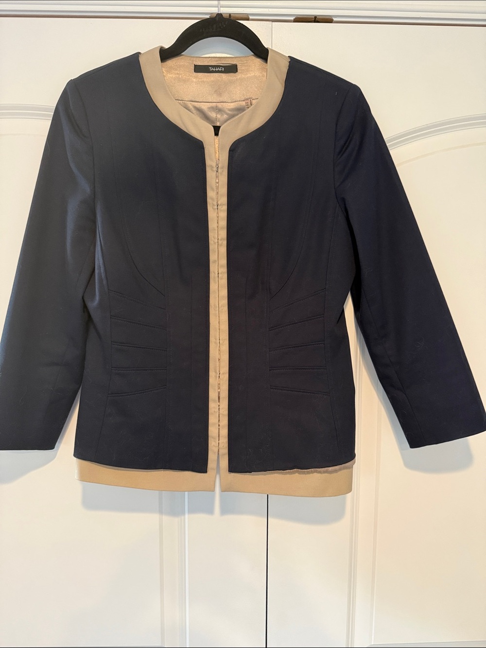 Tahari Navy Jacket with Beige Trim